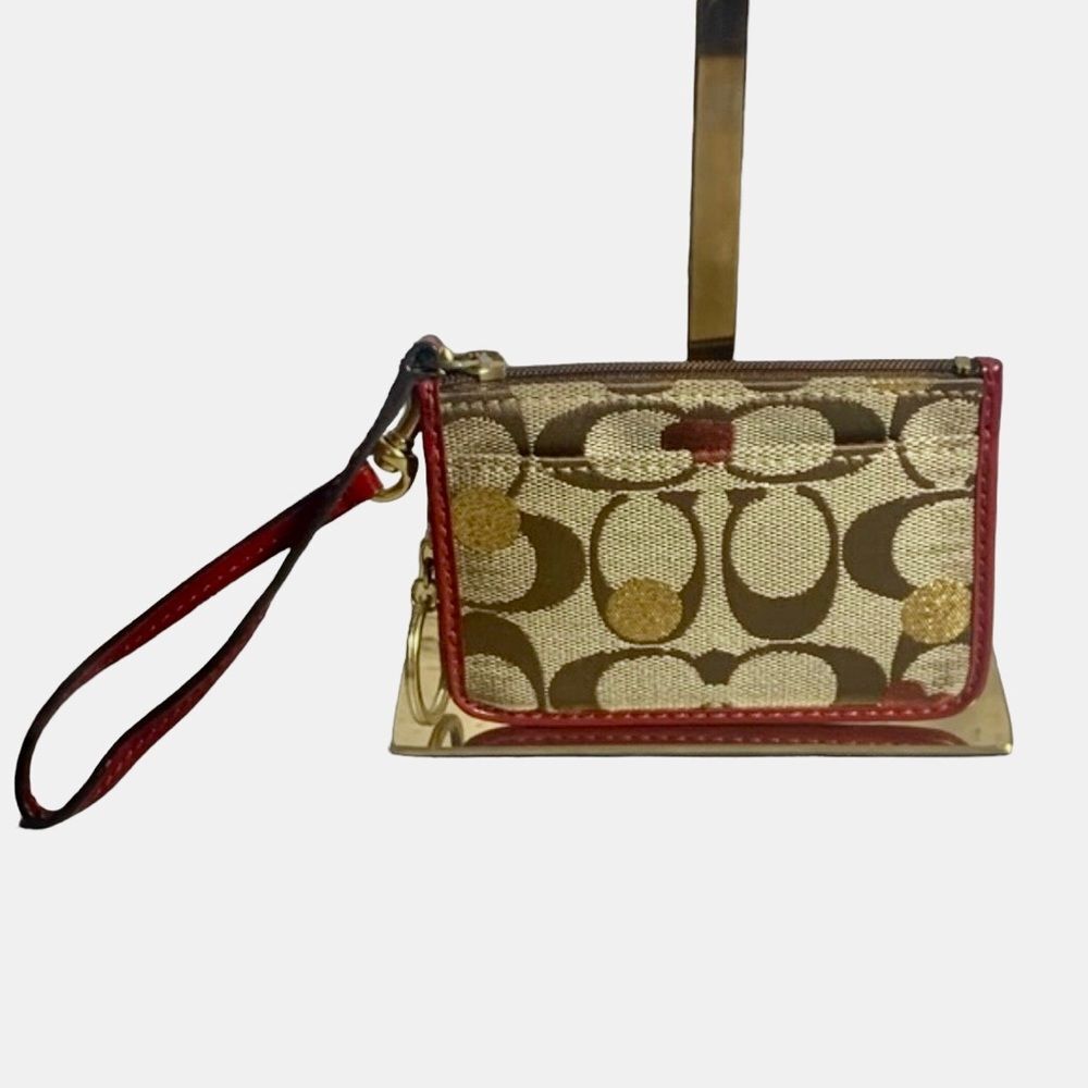 COACH Signature C Skinny ID Red Wristlet With Patent Leather Trim